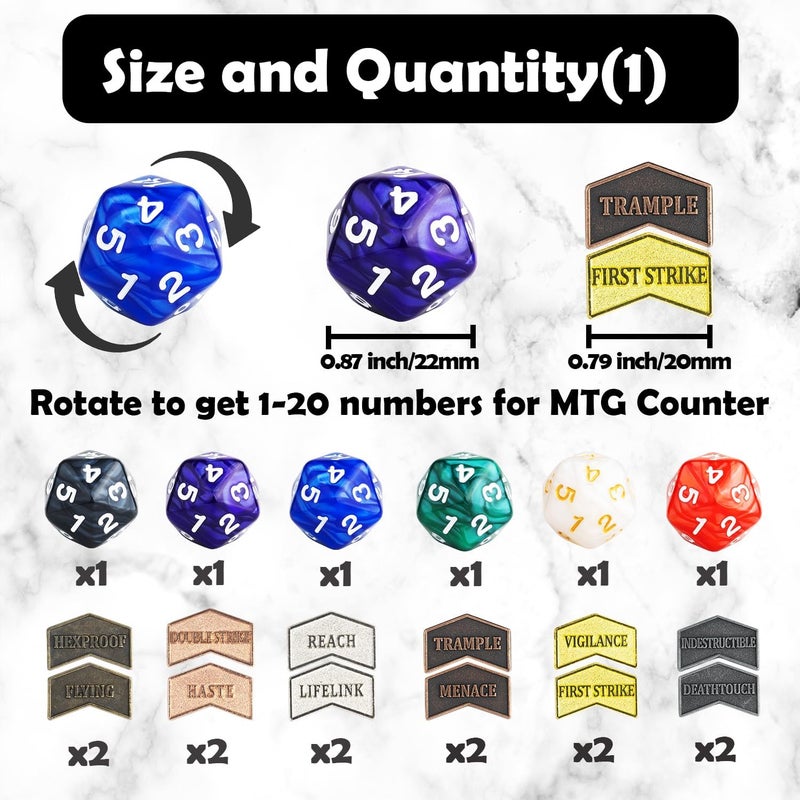 LAMJAM 66 Pieces MTG Dice Counters Keyword Metal Tokens +1/+1 Buff Counter Dice Set Spindown D20 for MTG, TCG, Magic Cards Gaming Accessories - Image 3